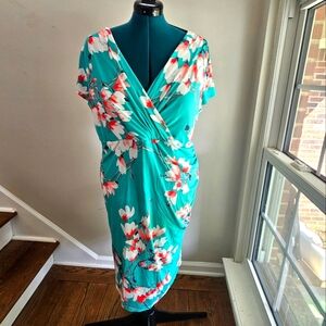 NWOT 18 Roz & Ali Teal Floral Print Faux Wrap Dress